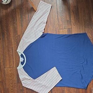 LuLaRoe Blue Shirt with Red Striped Sleeves